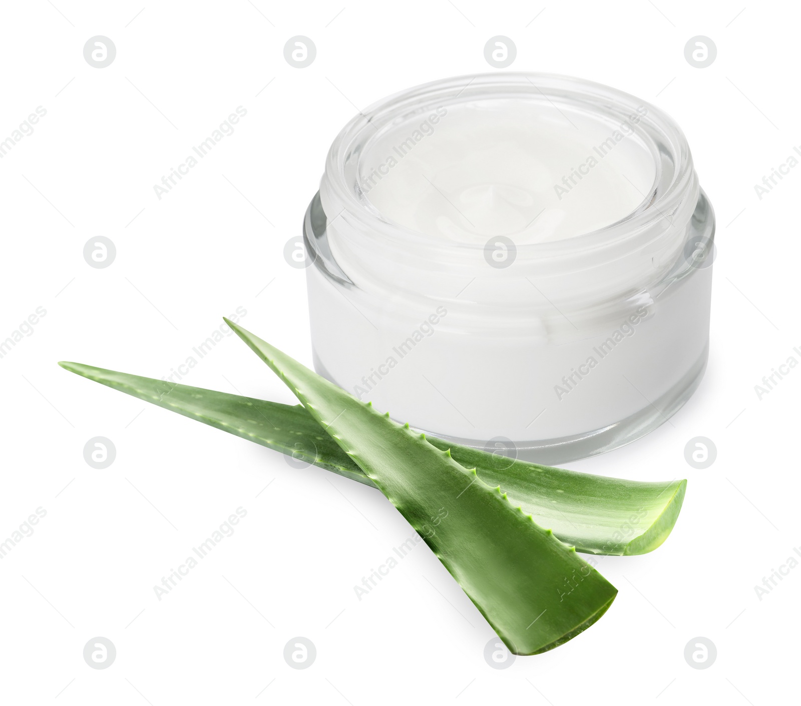 Image of Moisturizing cream with extract of aloe vera. Jar and green aloe leaves on white background