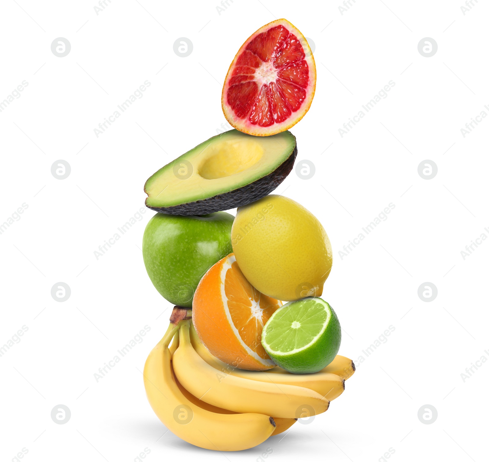 Image of Stack of different fresh fruits isolated on white