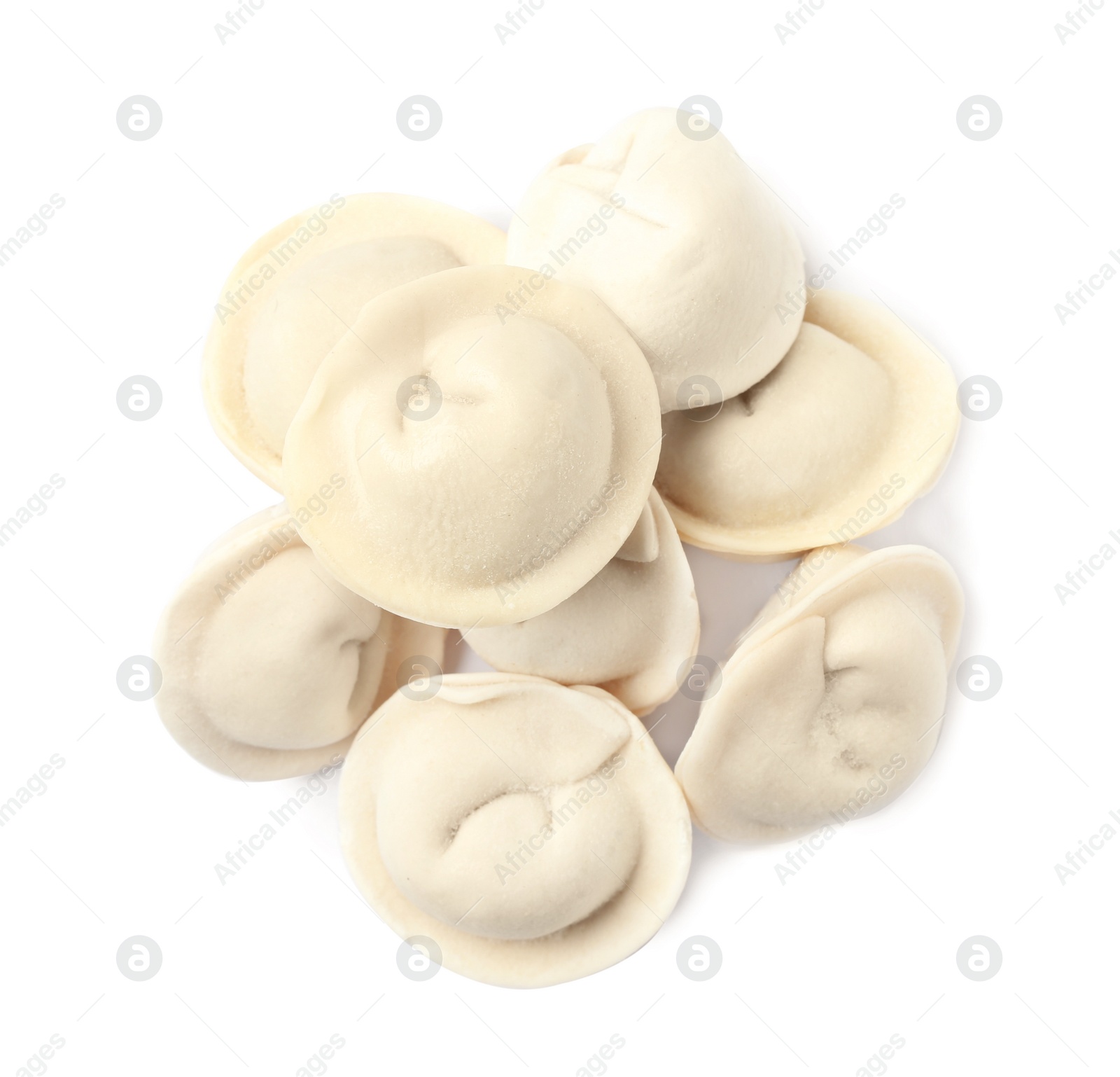 Photo of Pile of raw dumplings on white background, top view