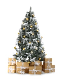 Image of Beautifully decorated Christmas tree and gifts on white background