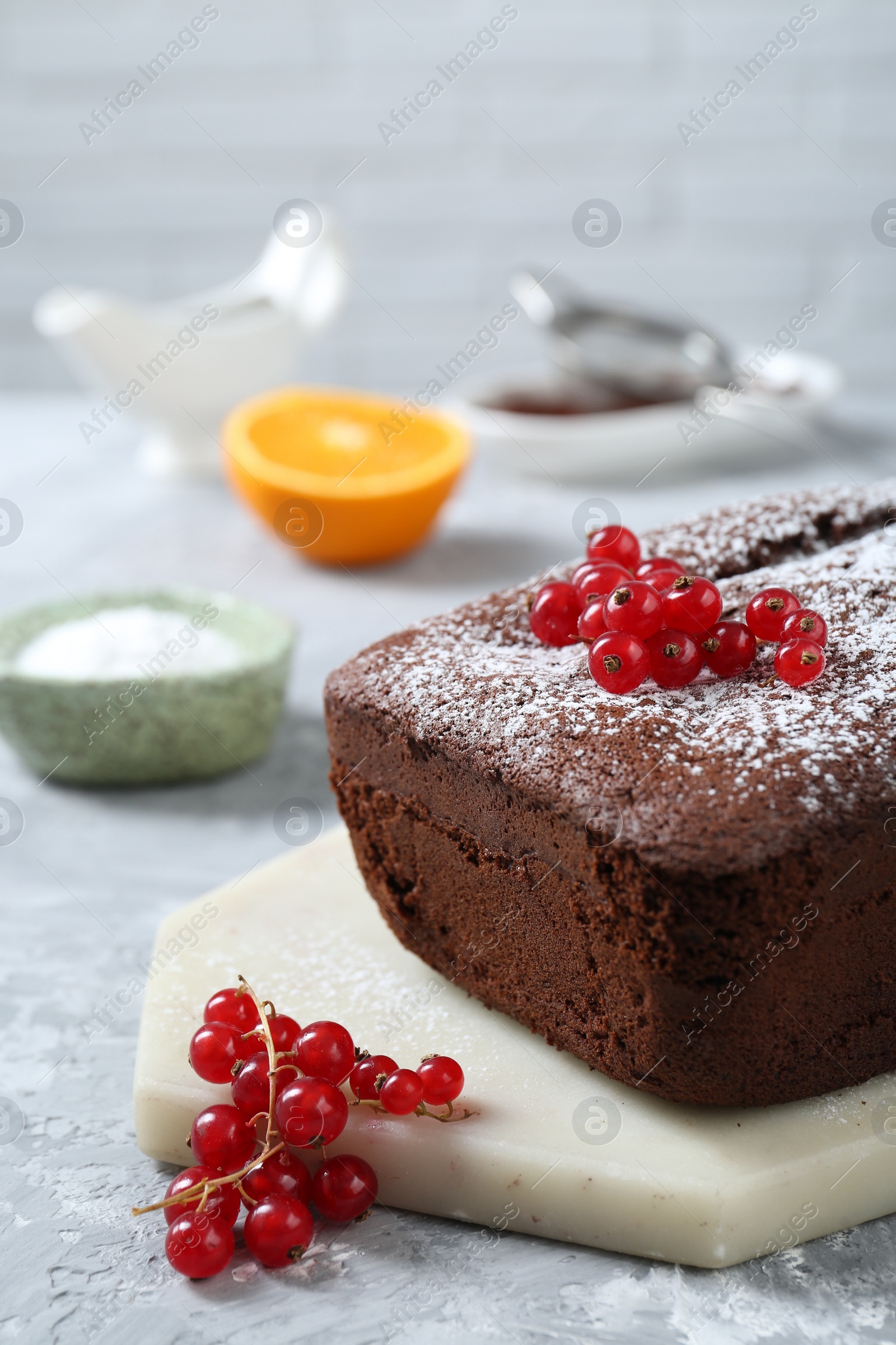 Photo of Tasty chocolate sponge cake with powdered sugar and currant on light grey textured table, closeup