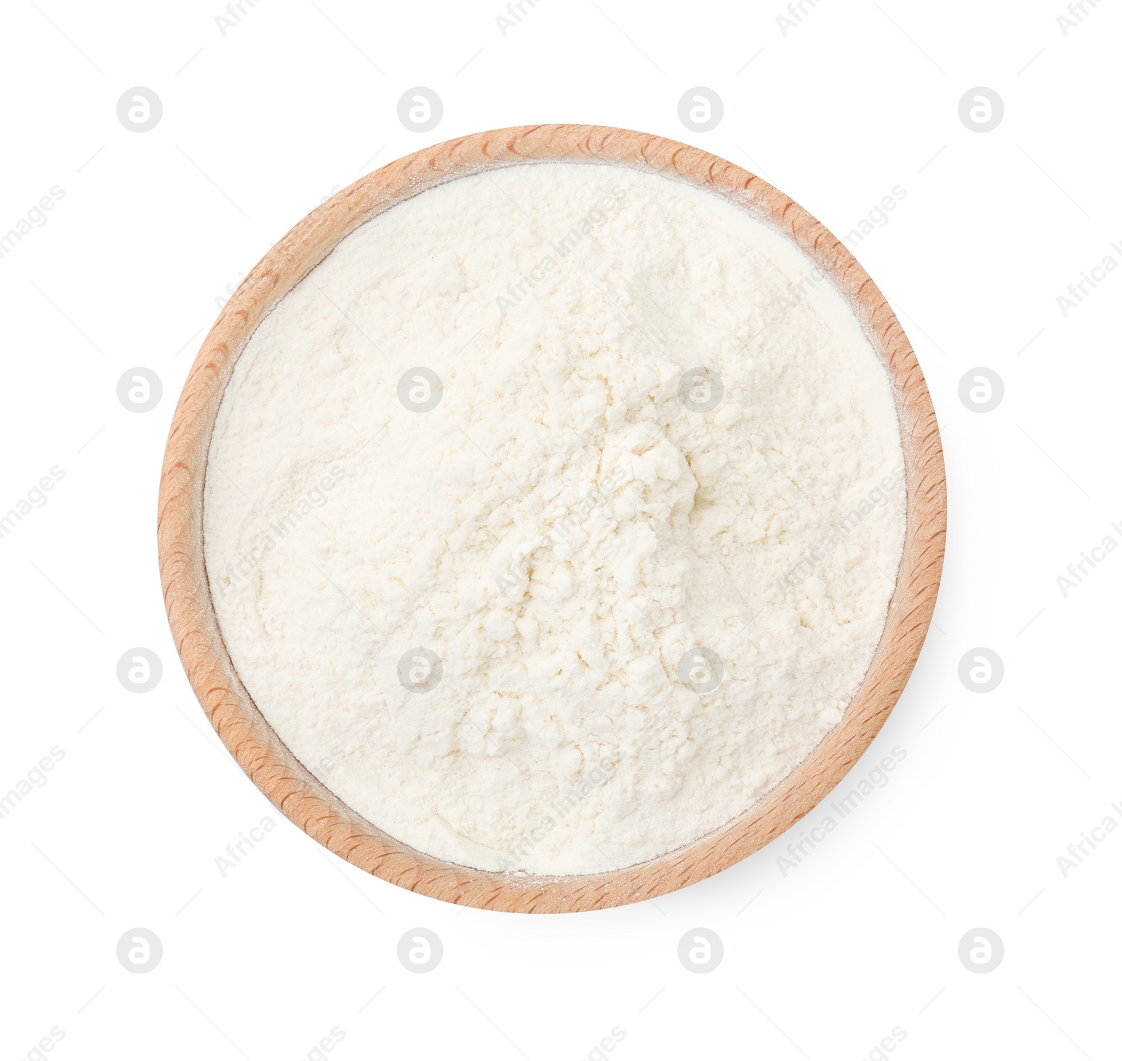 Photo of Baking powder in bowl isolated on white, top view