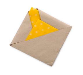 Photo of Packed yellow reusable beeswax food wraps on white background, top view