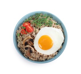 Photo of Tasty boiled oatmeal with fried egg, mushrooms and tomatoes isolated on white, top view