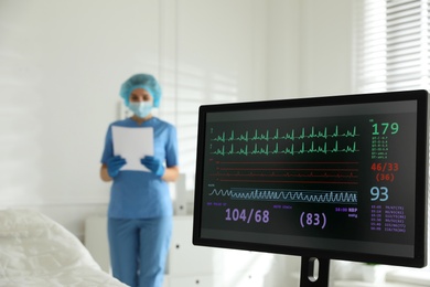 Monitor with cardiogram in hospital, focus on screen. Space for text