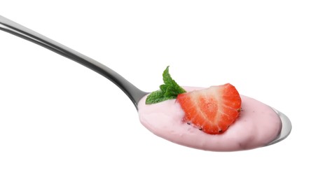 Photo of Spoon with yogurt, strawberry and mint isolated on white