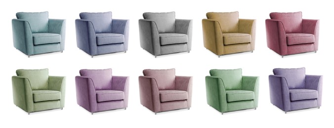 Different colorful armchairs isolated on white, set