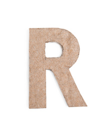 Photo of Letter R made of cardboard isolated on white