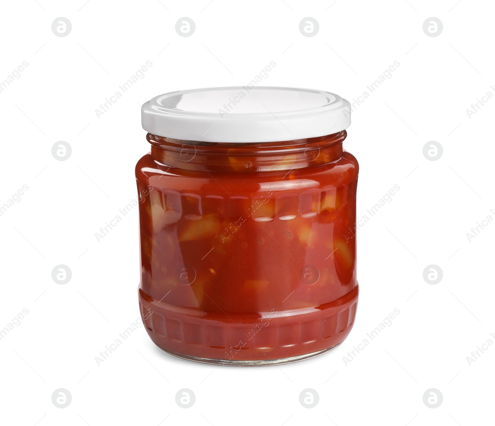 Photo of Glass jar of delicious canned lecho isolated on white