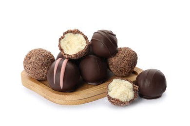 Photo of Many different delicious chocolate truffles on white background