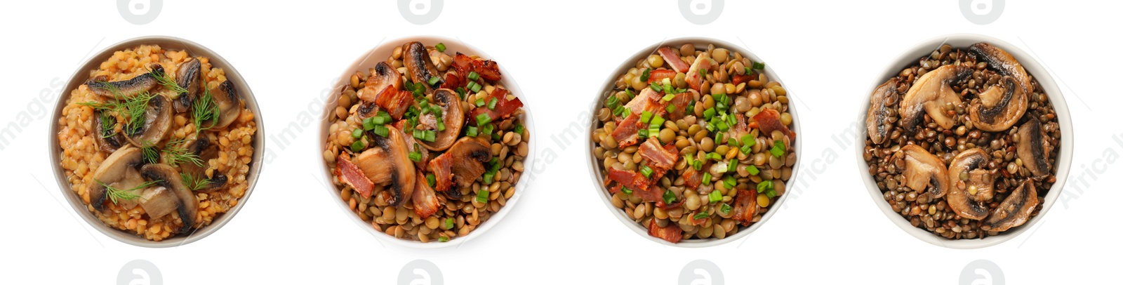 Image of Different lentil dishes in bowls on white background, top view