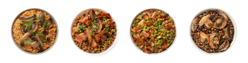 Image of Different lentil dishes in bowls on white background, top view