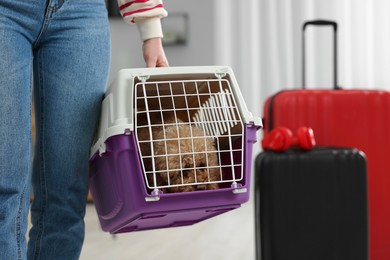 Photo of Travel with pet. Woman holding carrier with dog at home, closeup