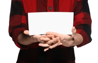 Man holding flyer on white background, closeup. Mockup for design