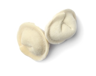 Photo of Frozen raw dumplings on white background, top view. Traditional dish