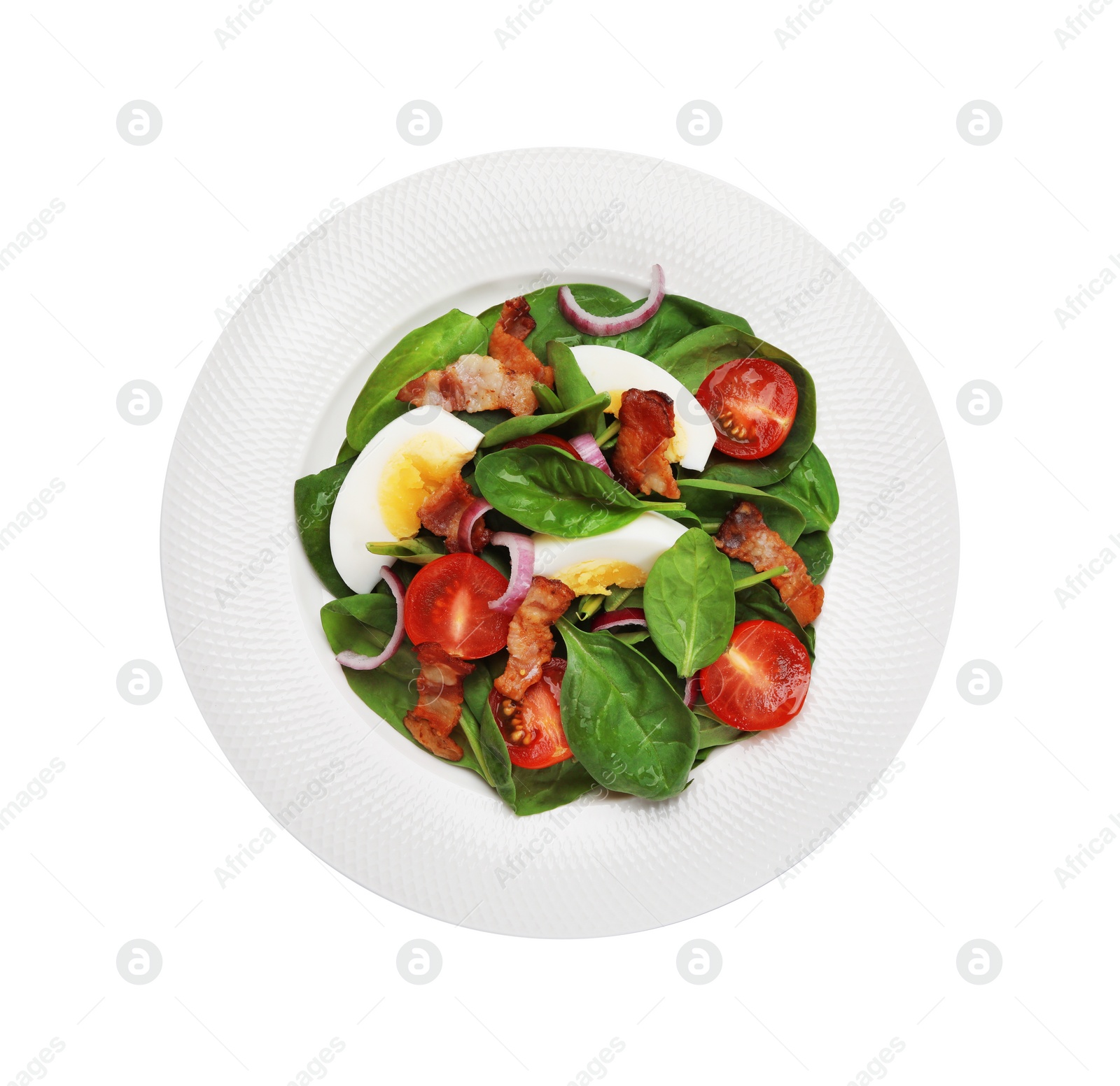 Photo of Delicious salad with boiled egg, bacon and vegetables isolated on white, top view