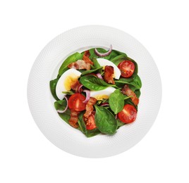 Photo of Delicious salad with boiled egg, bacon and vegetables isolated on white, top view