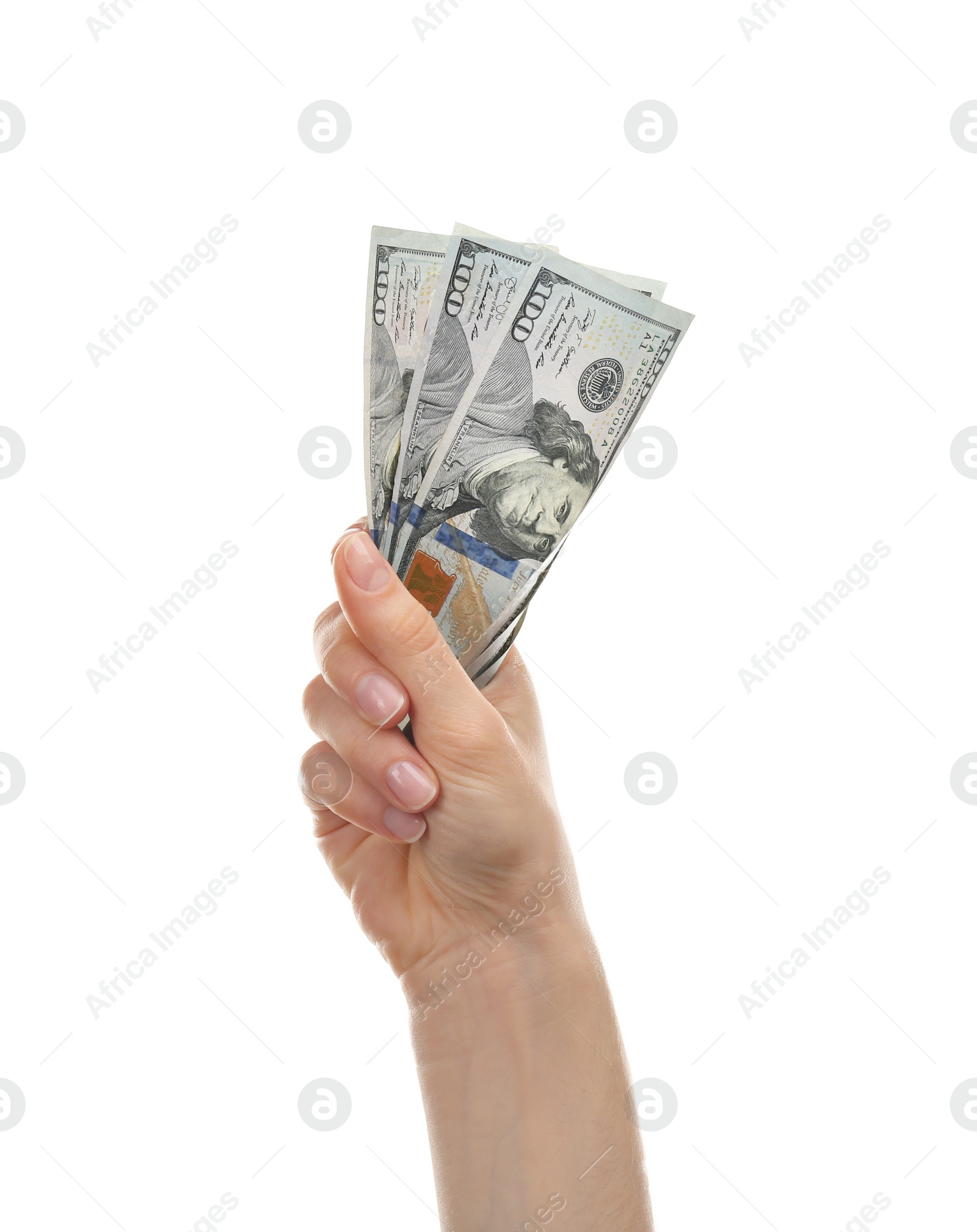 Photo of Woman with money on white background, closeup