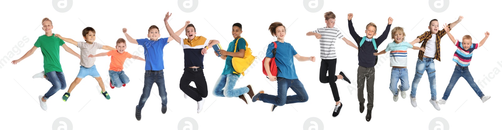 Image of Collage with photos of jumping children on white background. Banner design