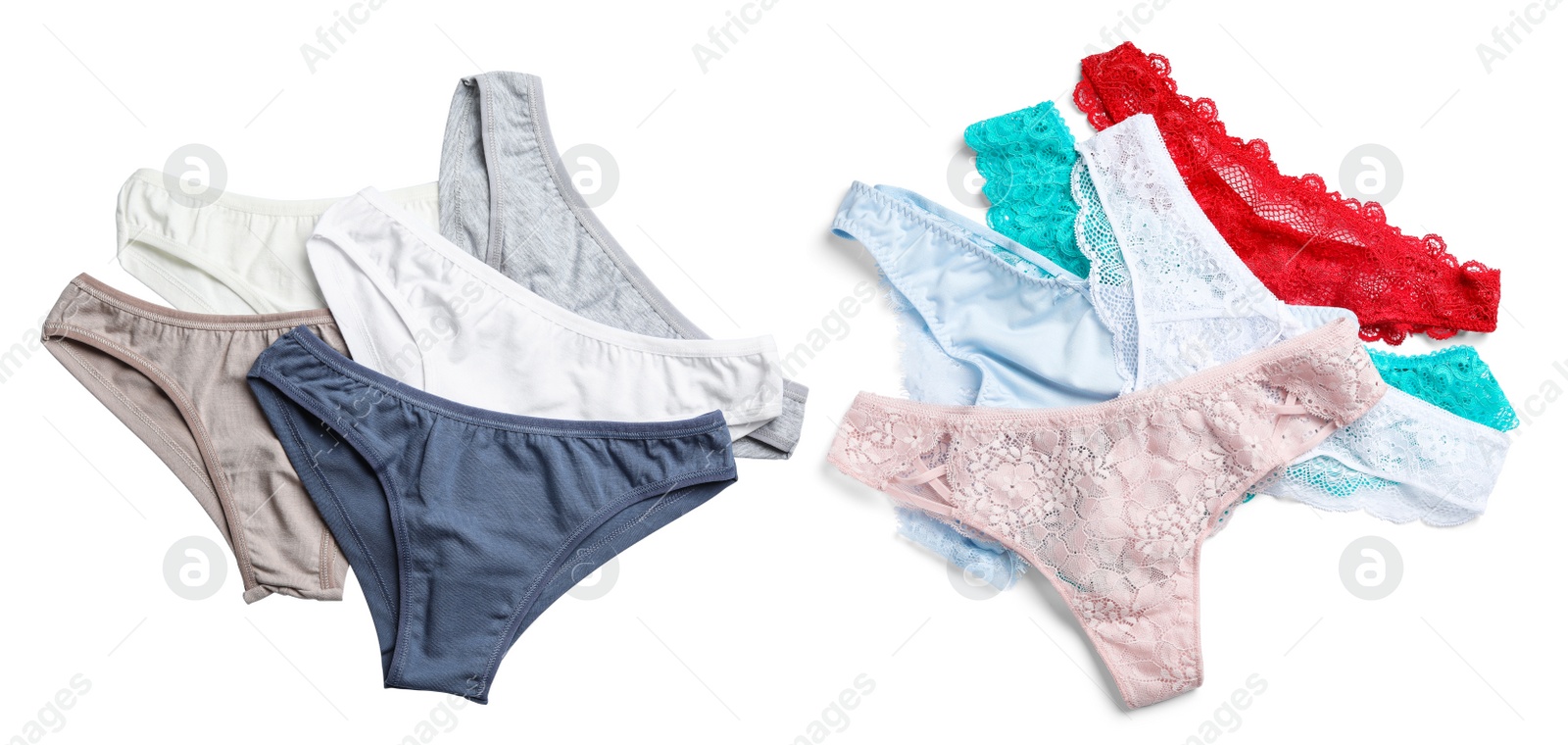 Image of Set of women's underwear on white background