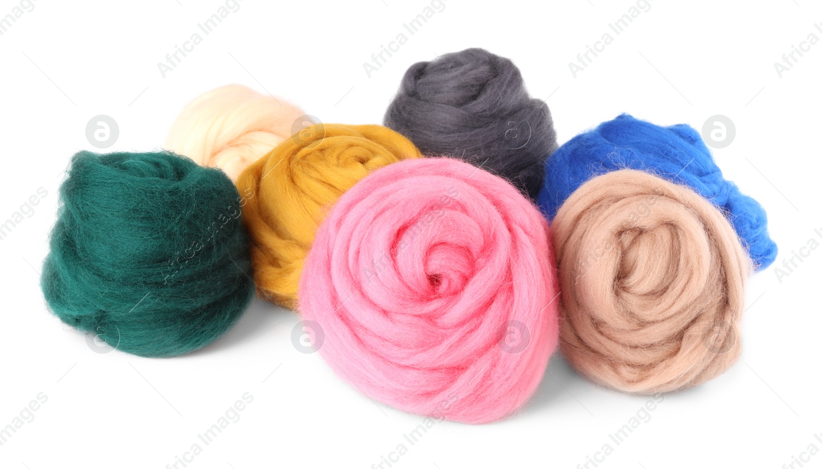 Photo of Set of colorful felting wool isolated on white