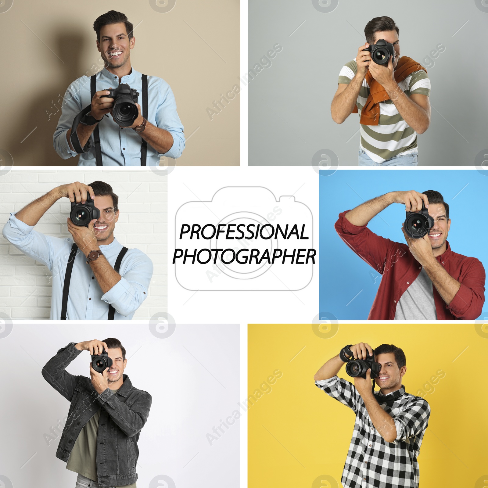 Image of Collage of handsome man with camera and text Professional Photographer