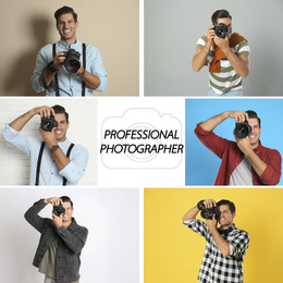 Collage of handsome man with camera and text Professional Photographer