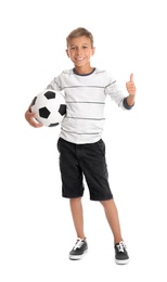 Adorable little boy with soccer ball on white background