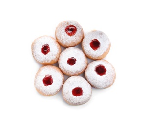 Hanukkah doughnuts with jelly and sugar powder on white background, top view