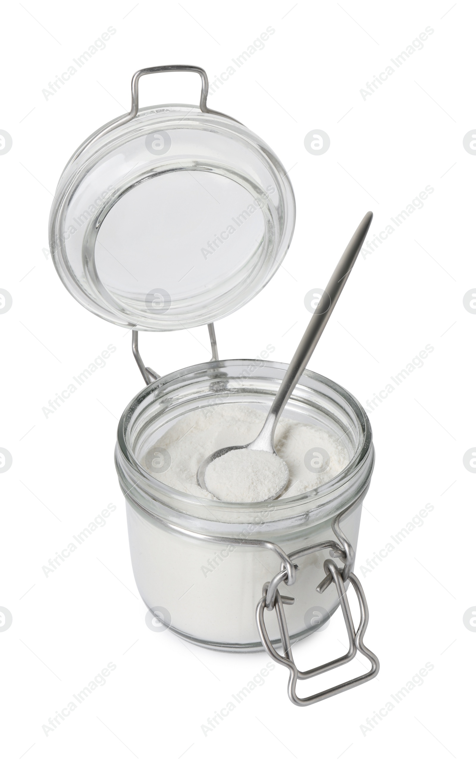 Photo of Baking powder in glass jar and spoon isolated on white