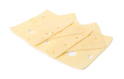 Photo of Slices of tasty fresh cheese isolated on white