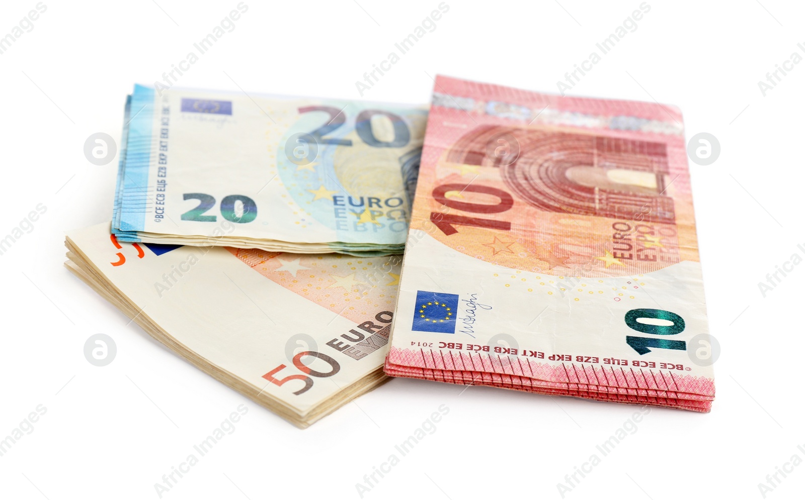 Photo of Euro banknotes on white background. Money and finance