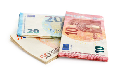 Photo of Euro banknotes on white background. Money and finance