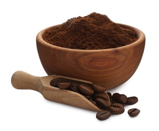 Coffee grounds and roasted beans on white background