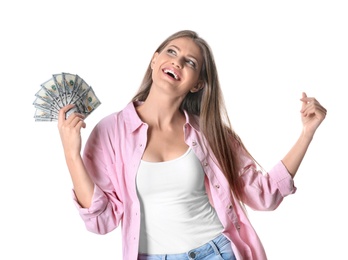 Portrait of happy young woman with money on white background