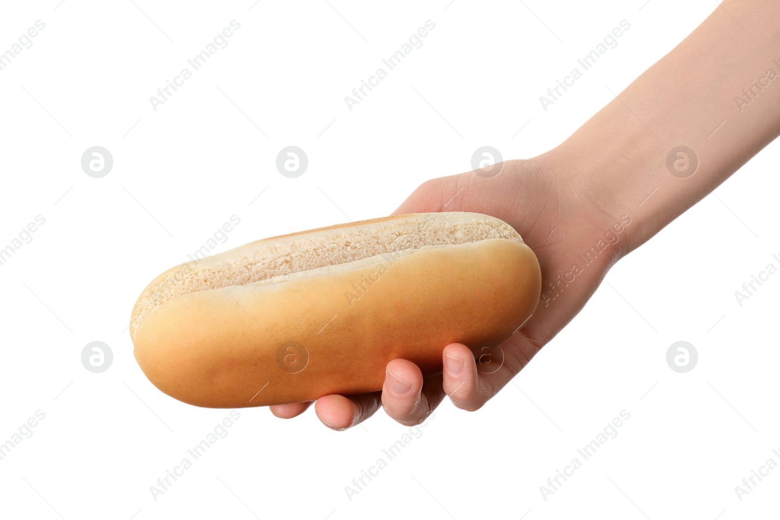 Photo of Woman with fresh hot dog bun on white background, closeup