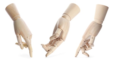 Image of Set with wooden hands of mannequins on white background