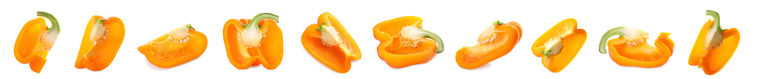 Set of cut ripe orange bell peppers on white background. Banner design 