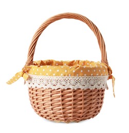 Photo of Empty Easter wicker basket with decorative fabric isolated on white