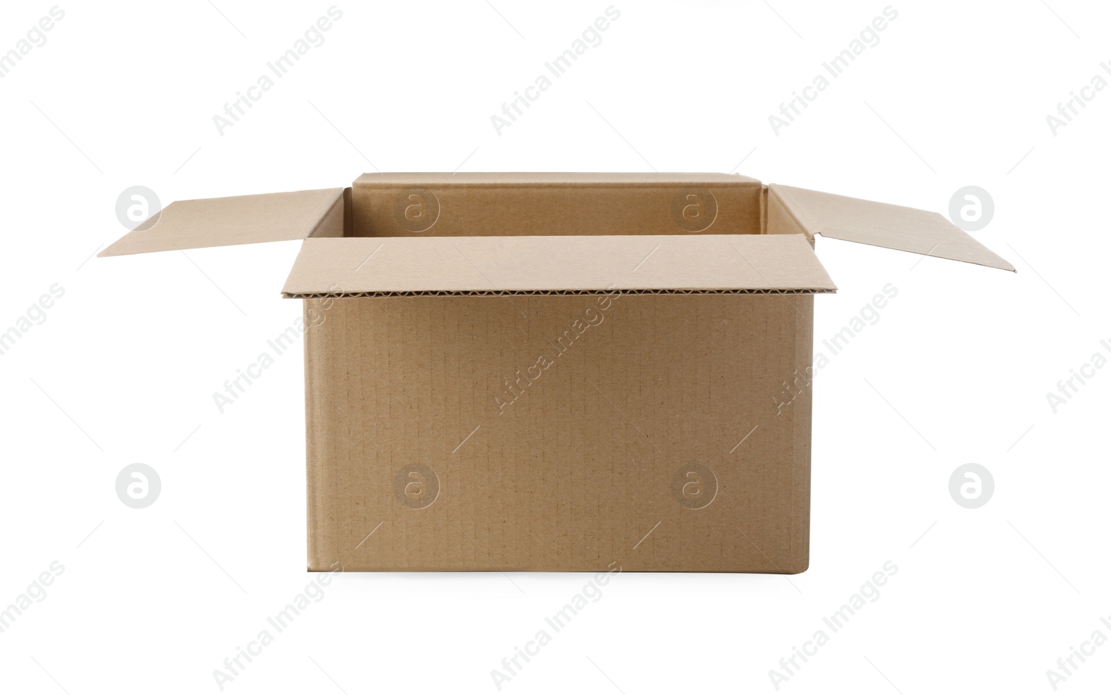 Photo of One open cardboard box on white background