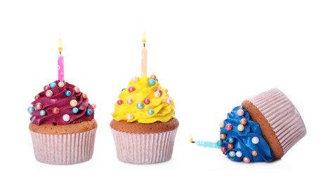 Photo of Dropped cupcake among good ones on white background. Troubles happen