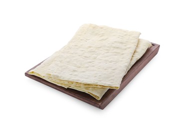 Photo of Wooden tray with delicious Armenian lavash on white background