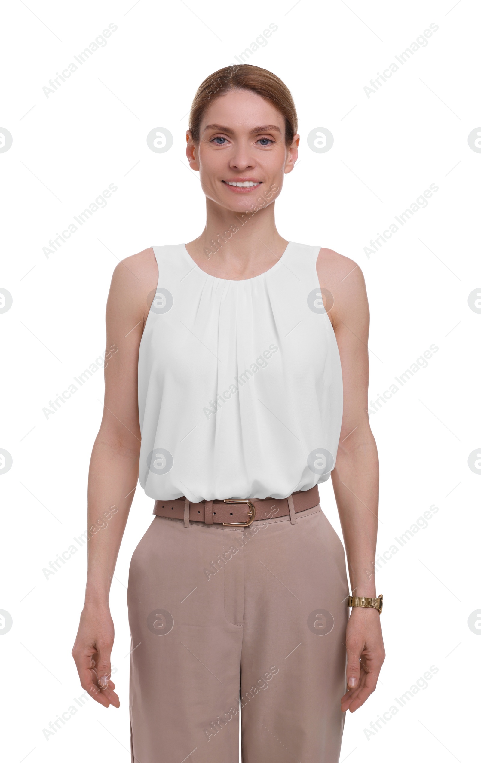 Photo of Beautiful happy businesswoman posing on white background