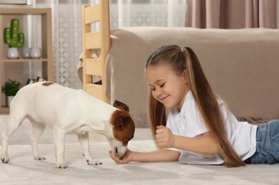 Photo of Cute girl feeding her dog on floor at home. Adorable pet