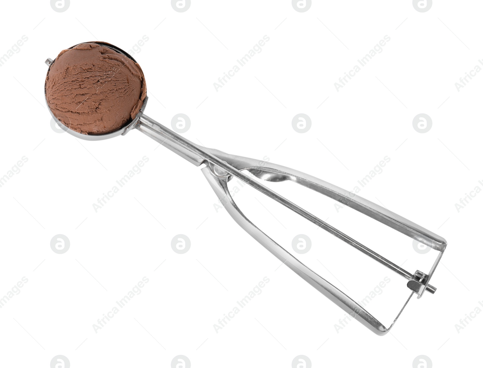Photo of Scoop with chocolate ice cream isolated on white, top view