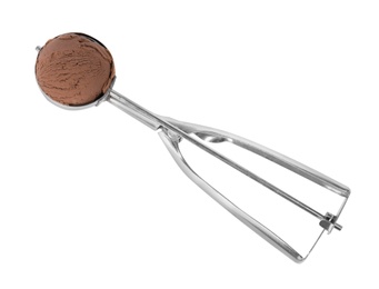 Photo of Scoop with chocolate ice cream isolated on white, top view