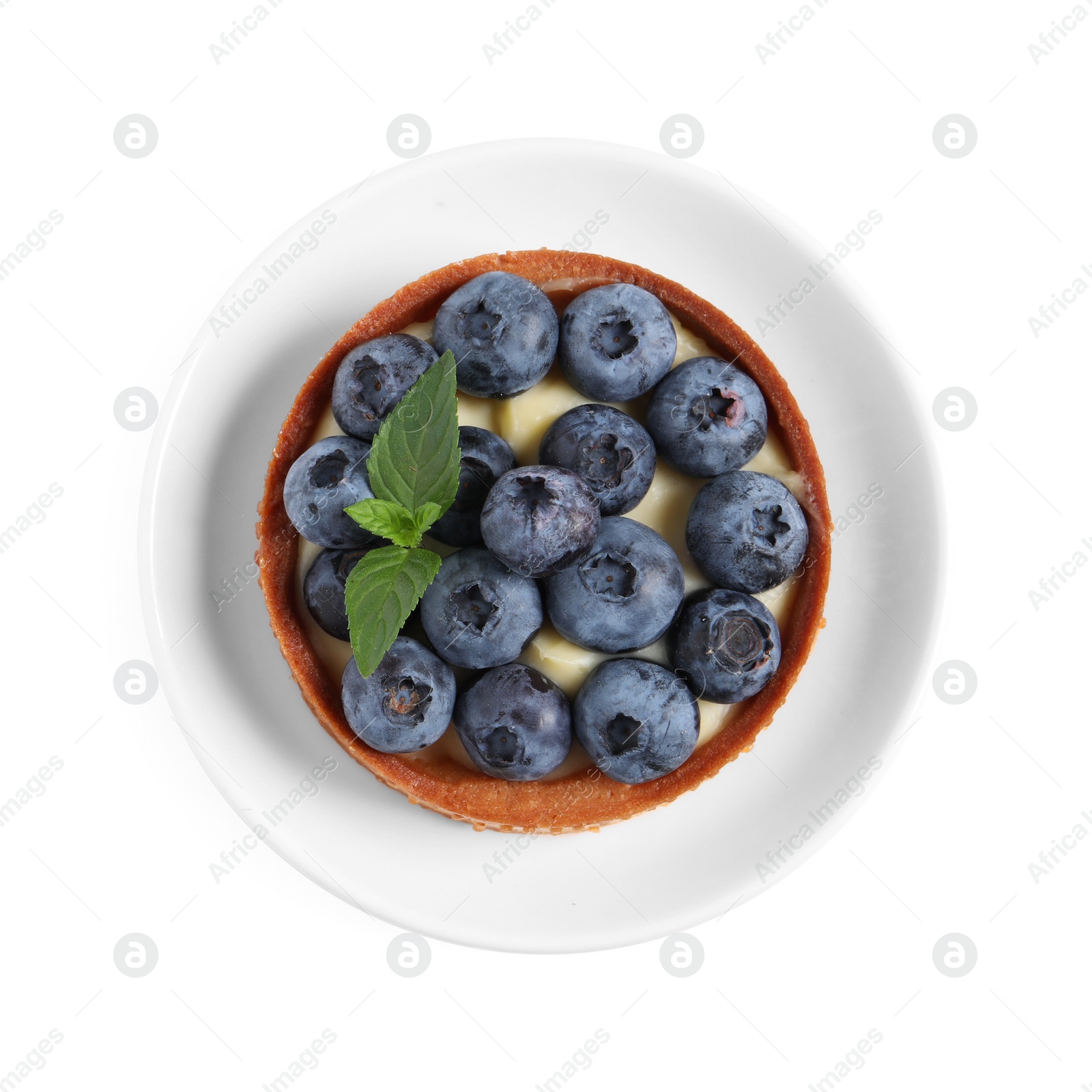 Photo of Tartlet with fresh blueberries and mint isolated on white, top view. Delicious dessert