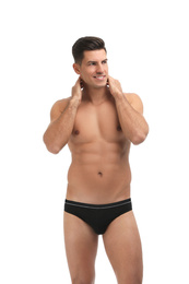 Photo of Handsome man in black underwear on white background