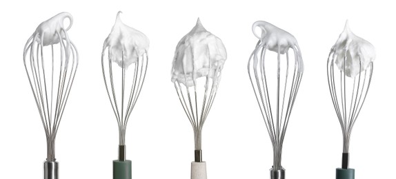 Image of Many different whisks with cream isolated on white, collection