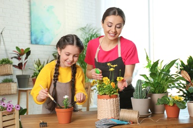 Photo of Mother and daughter taking care of potted plants at home